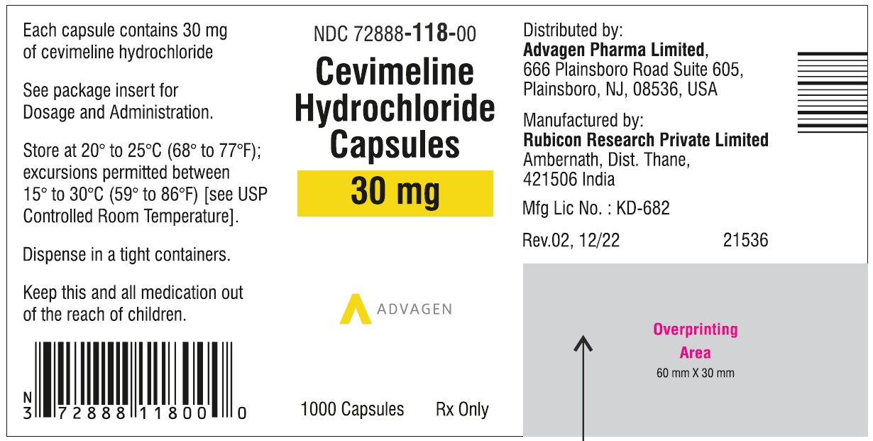 Cevimeline hydrochloride Capsules 30mg - NDC: <a href=/NDC/72888-118-00>72888-118-00</a>, Bottle of 1000 Label