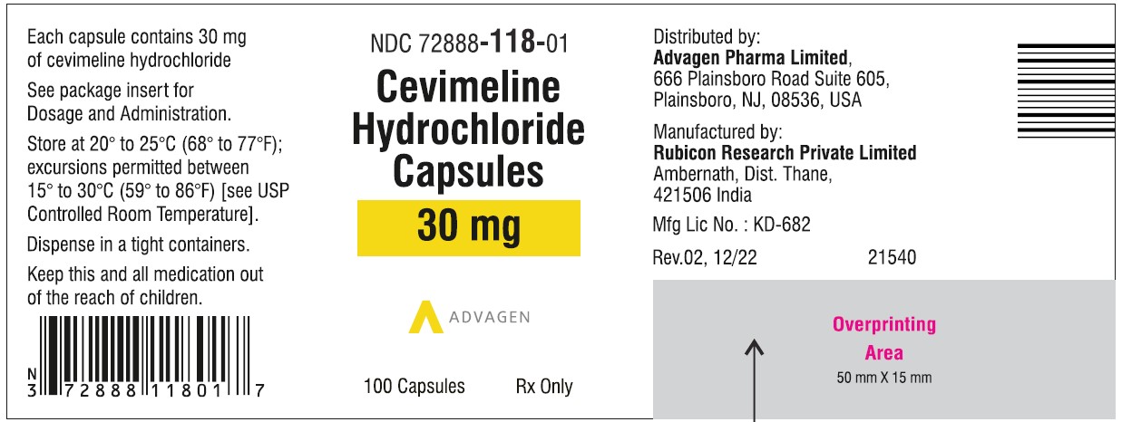Cevimeline hydrochloride Capsules 30mg - NDC: <a href=/NDC/72888-118-01>72888-118-01</a>, Bottle of 100 Label