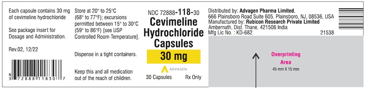 Cevimeline hydrochloride Capsules 30mg - NDC: <a href=/NDC/72888-118-30>72888-118-30</a>, Bottle of 30 Label