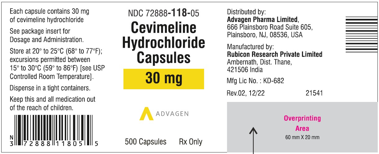 Cevimeline hydrochloride Capsules 30mg - NDC: <a href=/NDC/72888-118-05>72888-118-05</a>, Bottle of 500 Label