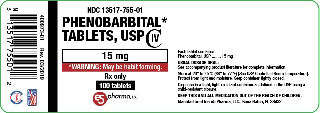NDC: <a href=/NDC/13517-755-01>13517-755-01</a> Phenobarbital Tablets, USP 15 mg 100 Tablets Rx Only