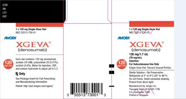 PRINCIPAL DISPLAY PANEL	
1 x 120 mg Single Dose Vial
NDC: <a href=/NDC/55513-730-01>55513-730-01</a>
AMGEN®
XGEVA®
(denosumab)
120 mg/1.7 mL
(70 mg/mL)
Injection
For Subcutaneous Use Only
120 mg/1.7 mL
Single Dose Vial.  Discard Unused Portion.
Sterile Solution – No Preservative
Refrigerate at 2° to 8°C (36° to 46°F).
Do not freeze. Avoid excessive shaking. 
Protect from direct light.
Manufactured by: Amgen Inc. 
Thousand Oaks, CA 91320-1799
U.S. License No. 1080
Product of Singapore
