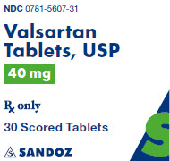 Package Label – 40 mg Rx Only NDC: <a href=/NDC/0781-5607-31>0781-5607-31</a> Valsartan 40 mg 30 Scored Tablets
