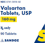 Package Label – 160 mg Rx Only NDC: <a href=/NDC/0781-5618-92>0781-5618-92</a> Valsartan Tablets, USP 160 mg 90 Tablets