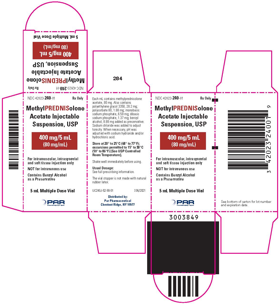 This is an image of Methylprednisolone Acetate Injectable Suspension, USP 400 mg/5 mL (80 mg/mL) Vial Carton.