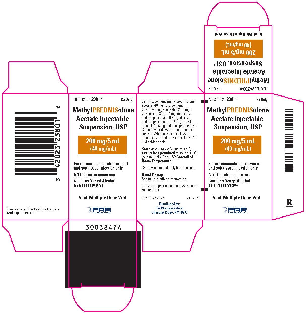 This is an image of Methylprednisolone Acetate Injectable Suspension, USP 200 mg/5 mL (40 mg/mL) Vial Carton.