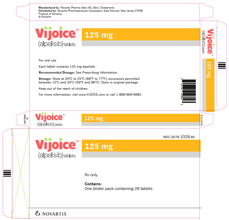 PRINCIPAL DISPLAY PANEL
								Vijoice™
								(alpelisib) tablets
								NDC: <a href=/NDC/0078-1028-84>0078-1028-84</a>
								125 mg daily dose
								Take one 125 mg tablet once daily
								Rx only
								Recommended Dosage: Take one 125 mg tablet once daily with food. Swallow tablets whole. DO NOT chew, crush, or split tablets. See prescribing information for complete dosage information and instruction for patients who are unable to swallow whole tablets.
								28-Day Supply
								Contains: One blister pack containing 28 tablets
								NOVARTIS