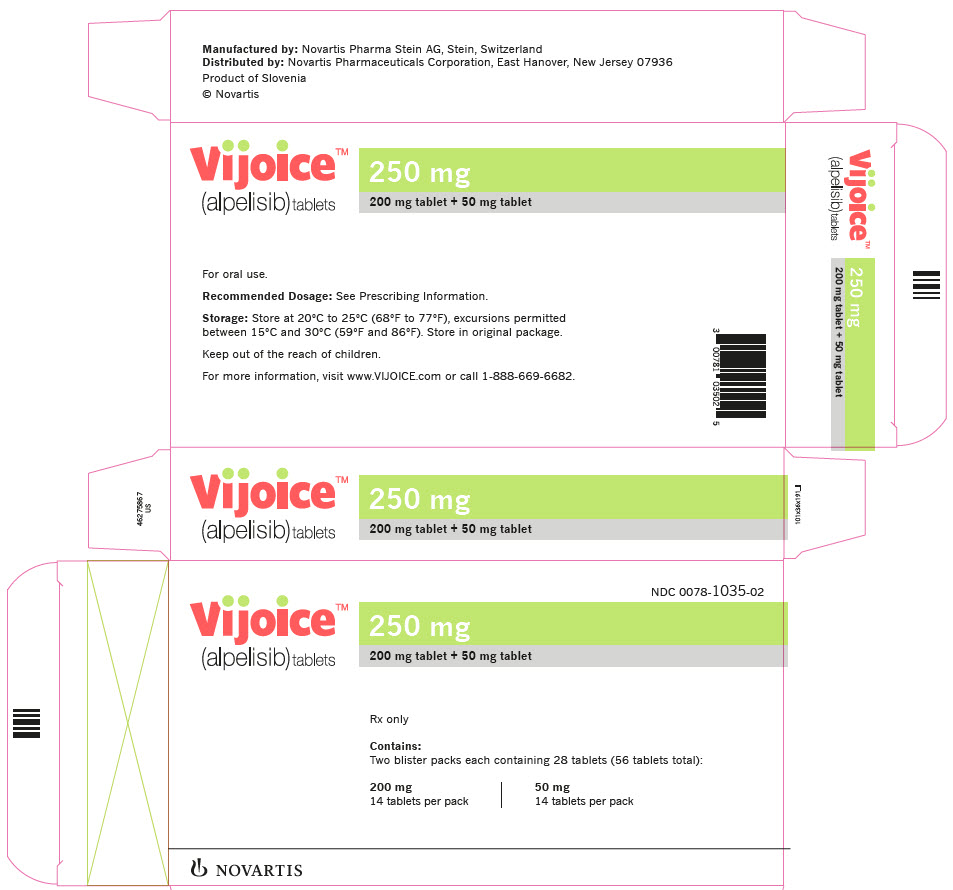 PRINCIPAL DISPLAY PANEL
								Vijoice™
								(alpelisib) tablets
								NDC: <a href=/NDC/0078-1035-02>0078-1035-02</a>
								250 mg daily dose
								Take one 200 mg tablet and one 50 mg tablet once daily
								Rx only
								Recommended Dosage: Take one 200 mg tablet and one 50 mg tablet once daily with food. Swallow tablets whole. DO NOT chew, crush, or split tablets. See prescribing information for complete dosage information and instruction for patients who are unable to swallow whole tablets.
								28-Day Supply (56 Tablets):
								Contains: Two 14-day blister packs each containing 28 tablets:
								200 mg
								14 tablets per pack
								50 mg
								14 tablets per pack
								NOVARTIS