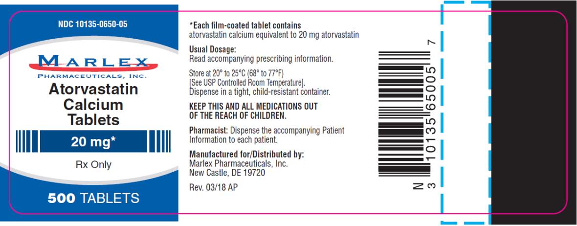 PRINCIPAL DISPLAY PANEL
NDC: <a href=/NDC/10135-0650-0>10135-0650-0</a>5
Atorvastatin 
Calcium 
Tablets
20 mg
500 TABLETS
Rx Only
