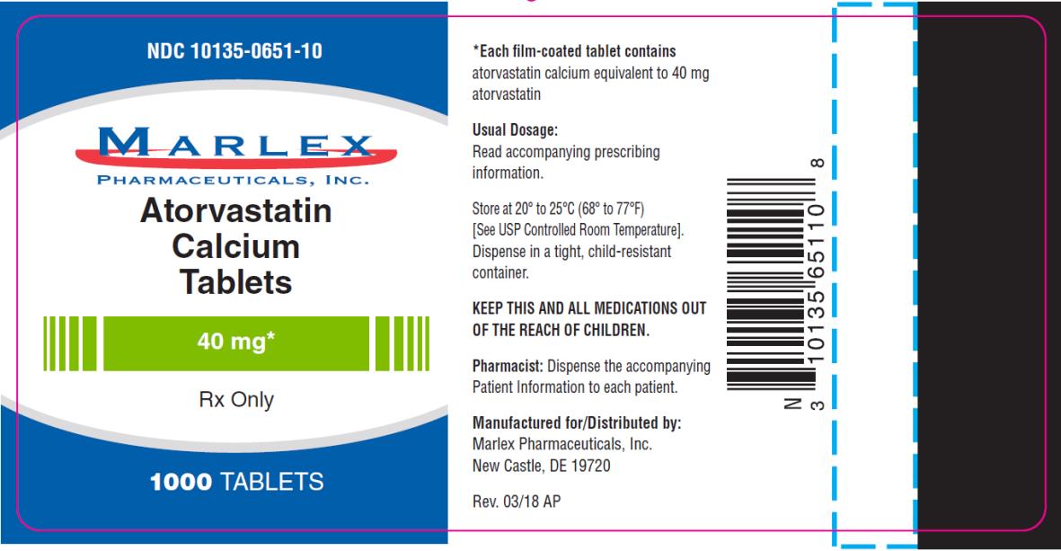 PRINCIPAL DISPLAY PANEL
NDC: <a href=/NDC/10135-0651-1>10135-0651-1</a>0
Atorvastatin 
Calcium 
Tablets
40 mg
1000 TABLETS
Rx Only
