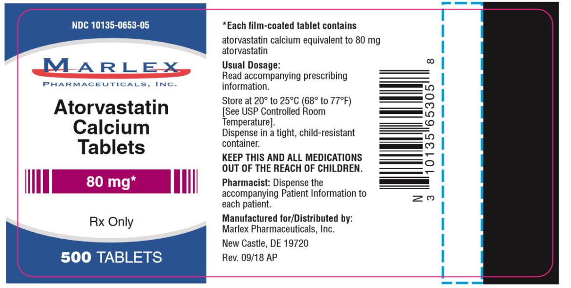 NDC: <a href=/NDC/10135-0653-0>10135-0653-0</a>5
Atorvastatin 
Calcium 
Tablets
80 mg
500 TABLETS
Rx Only
