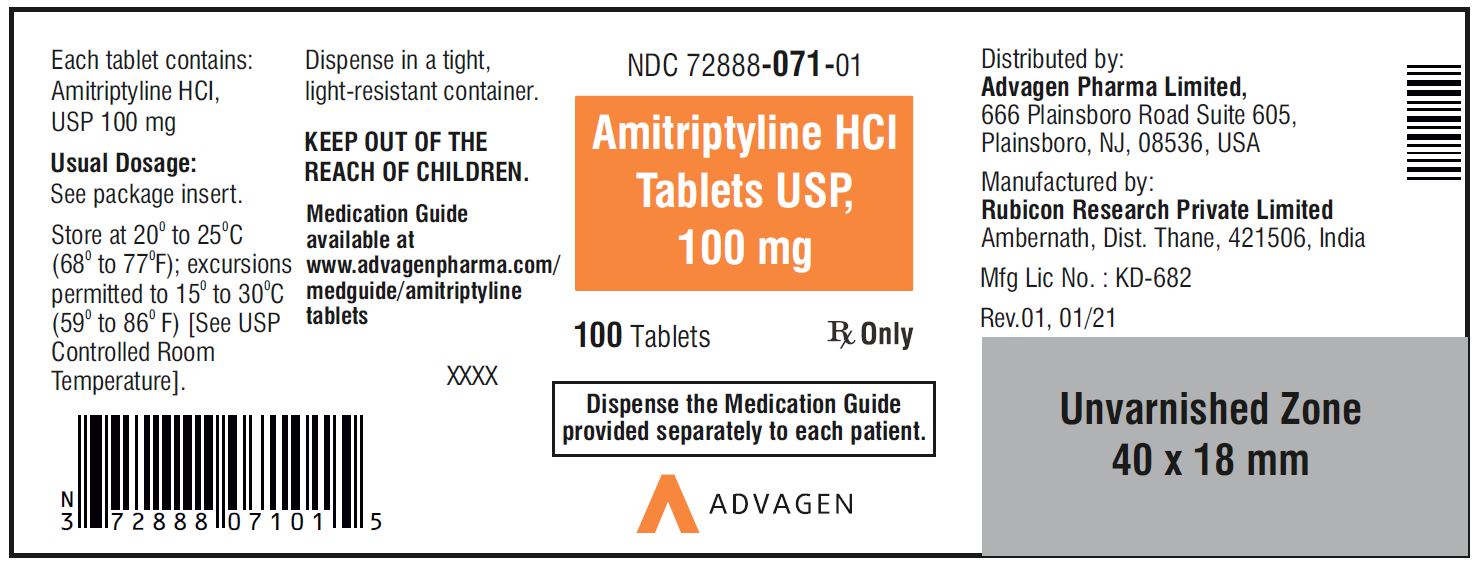 Amitriptyline HCL Tablets,USP 100 mg - NDC: <a href=/NDC/72888-071-01>72888-071-01</a>  - 100 Tablets Container Label