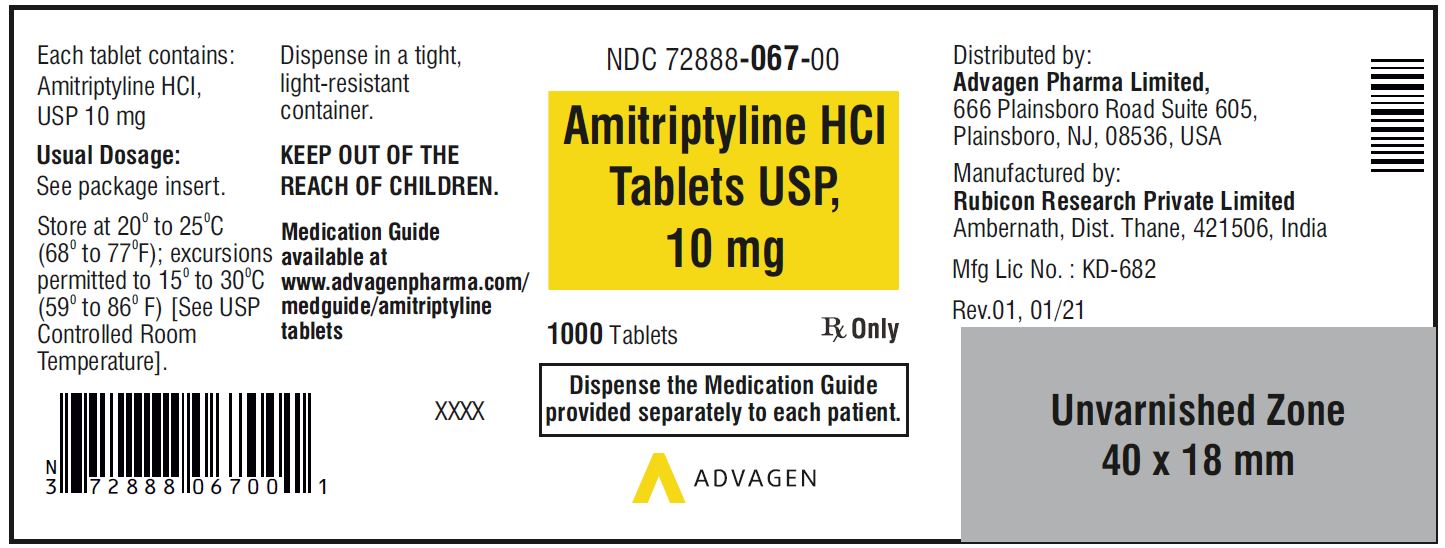 Amitriptyline HCL Tablets,USP 10 mg - NDC: <a href=/NDC/72888-067-01>72888-067-01</a>  - 1000 Tablets Container Label