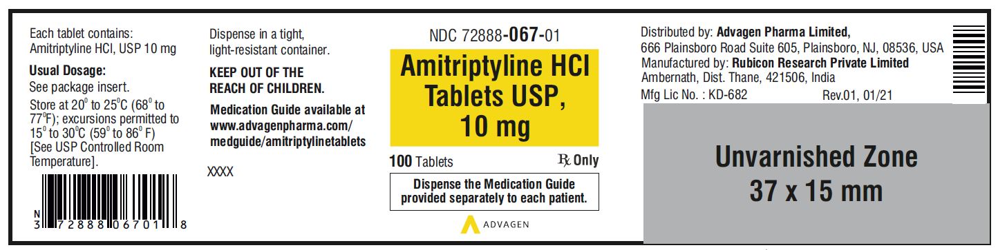 Amitriptyline HCL Tablets,USP 10 mg - NDC: <a href=/NDC/72888-067-01>72888-067-01</a>  - 100 Tablets Container Label