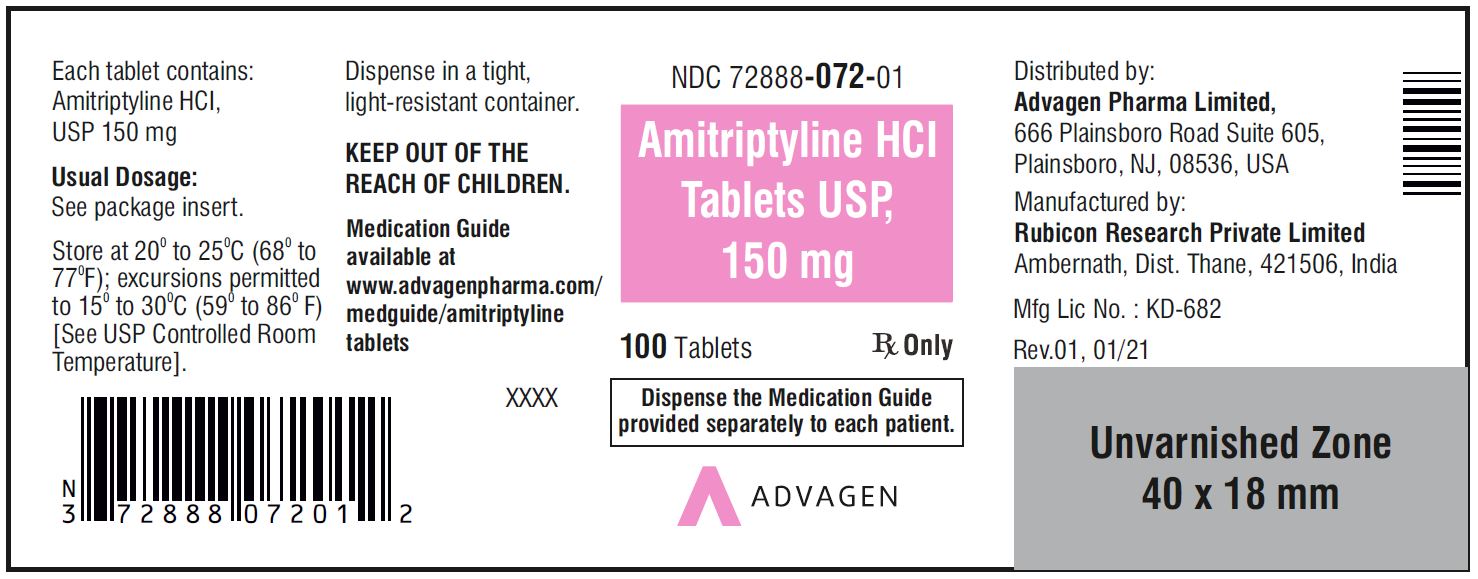 Amitriptyline HCL Tablets,USP 150 mg - NDC: <a href=/NDC/72888-072-01>72888-072-01</a>  - 100 Tablets Container Label