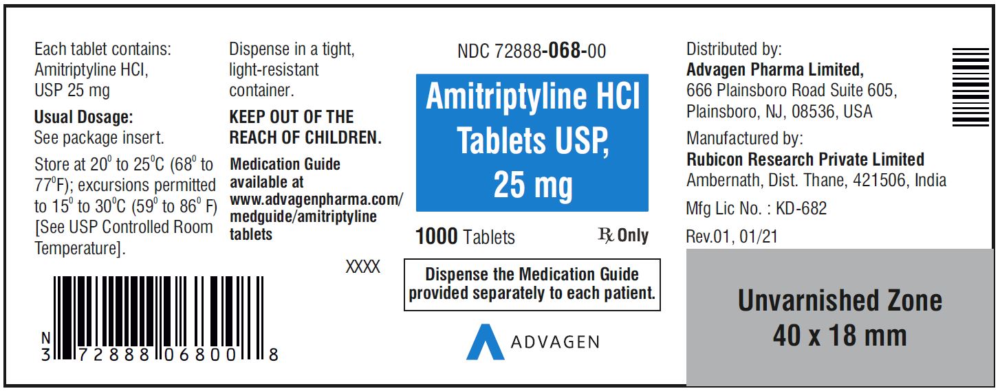 Amitriptyline HCL Tablets,USP 25 mg - NDC: <a href=/NDC/72888-068-01>72888-068-01</a>  - 1000 Tablets Container Label