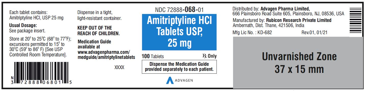 Amitriptyline HCL Tablets,USP 25 mg - NDC: <a href=/NDC/72888-068-01>72888-068-01</a>  - 100 Tablets Container Label
