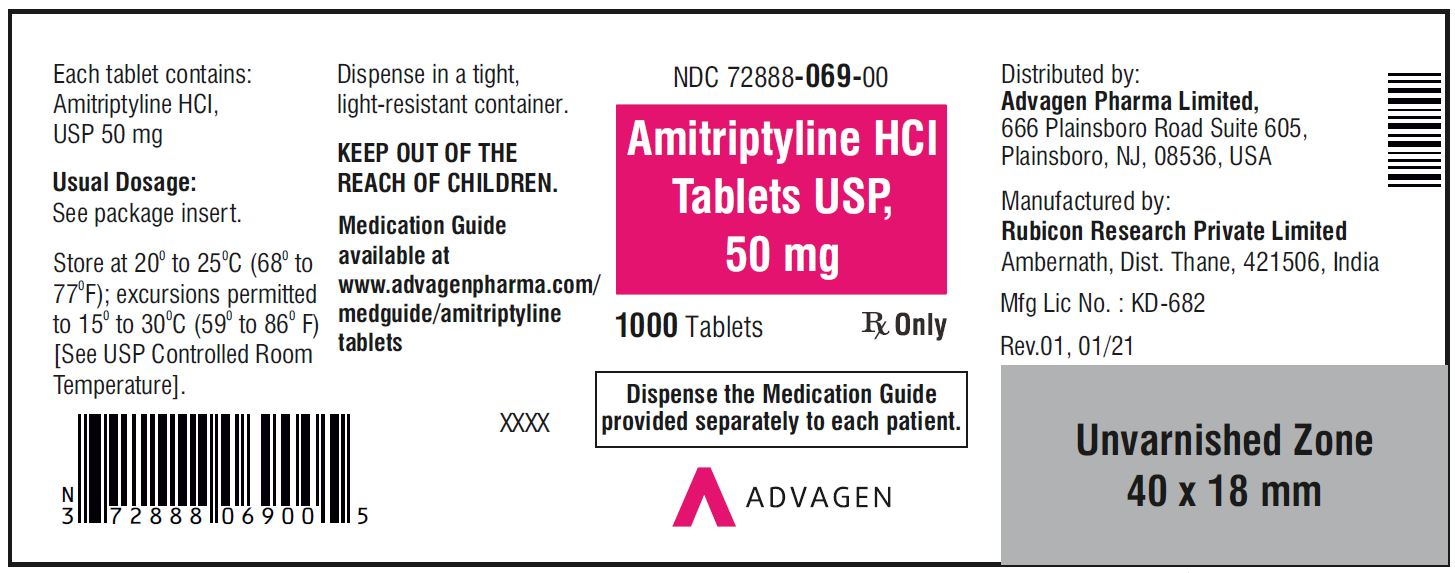 Amitriptyline HCL Tablets,USP 50 mg - NDC: <a href=/NDC/72888-069-00>72888-069-00</a>  - 1000 Tablets Container Label