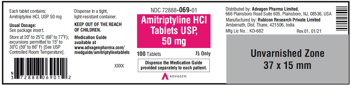 Amitriptyline HCL Tablets,USP 50 mg - NDC: <a href=/NDC/72888-069-01>72888-069-01</a>  - 100 Tablets Container Label