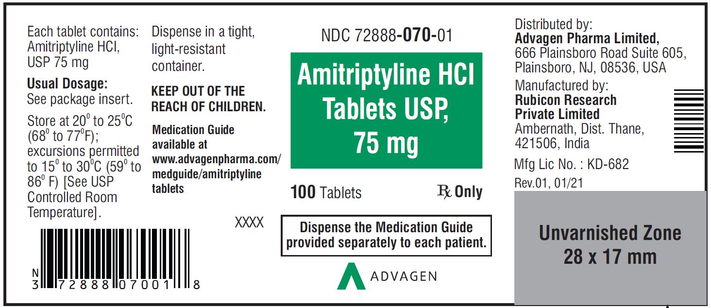 Amitriptyline HCL Tablets,USP 75 mg - NDC: <a href=/NDC/72888-070-01>72888-070-01</a>  - 100 Tablets Container Label