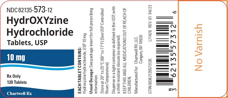 Hydroxyzine Hydrochloride Tablets, USP 10 mg - NDC: <a href=/NDC/62135-573-12>62135-573-12</a> - 120 Tablets Label