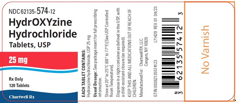 Hydroxyzine Hydrochloride Tablets, USP 25 mg - NDC: <a href=/NDC/62135-574-12>62135-574-12</a> - 120 Tablets Label