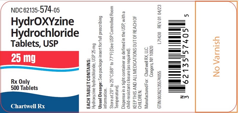 Hydroxyzine Hydrochloride Tablets, USP 25 mg - NDC: <a href=/NDC/62135-574-05>62135-574-05</a> - 500 Tablets Label