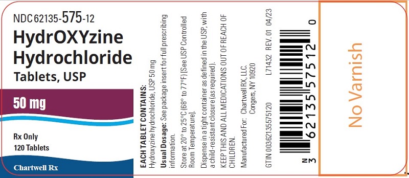 Hydroxyzine Hydrochloride Tablets, USP 50 mg - NDC: <a href=/NDC/62135-575-12>62135-575-12</a> - 120 Tablets Label