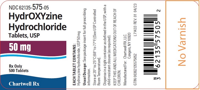 Hydroxyzine Hydrochloride Tablets, USP 50 mg - NDC: <a href=/NDC/62135-575-05>62135-575-05</a> - 500 Tablets Label