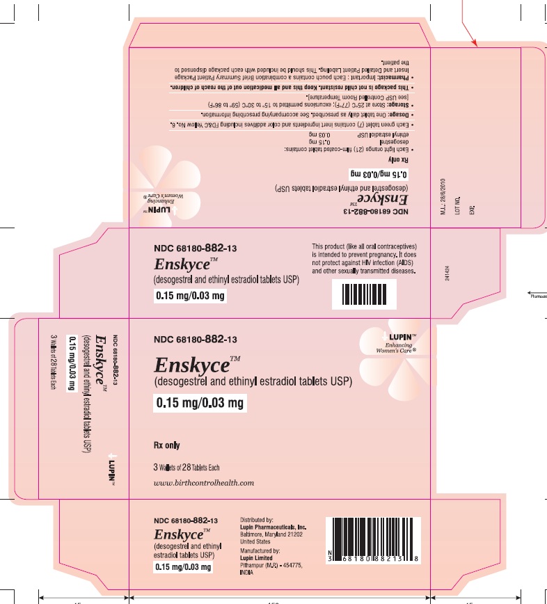 Enskyce
(desogestrel and ethinyl estradiol Tablets USP) 
0.15 mg/0.03 mg 
Rx Only
NDC: <a href=/NDC/68180-882-13>68180-882-13</a>
																											Carton Label: 3 Wallet of 28 Tablets Each