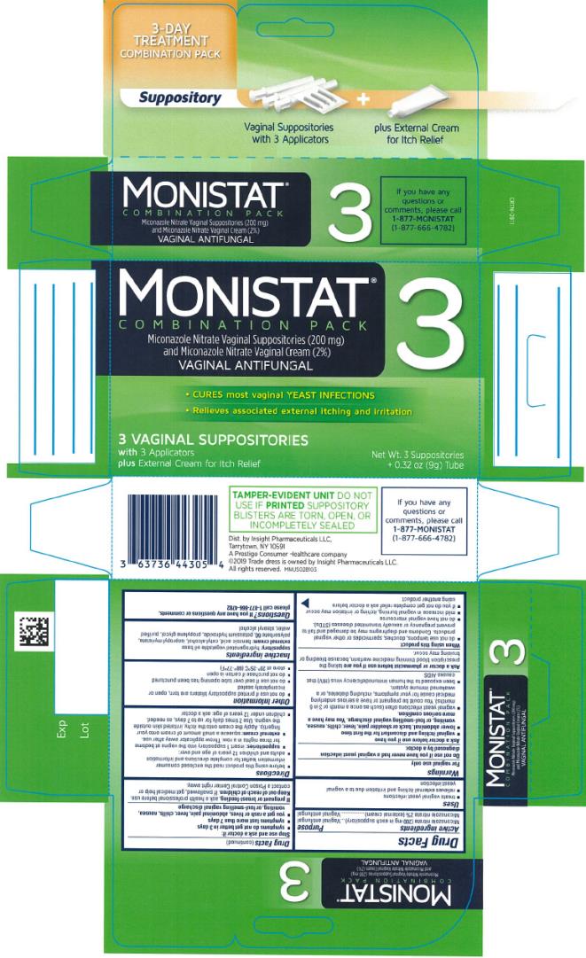 PRINCIPAL DISPLAY PANEL

MONISTAT® 3 
COMBINATION PACK
Miconazole Nitrate Vaginal Suppositories (200 mg) and Miconazole Nitrate Vaginal Cream (2%) 
VAGINAL ANTIFUNGAL
3 Vaginal Suppositories With 		Net Wt. 3 Suppositories +
3 Applicators plus External Cream		0.32oz (9g) tube
