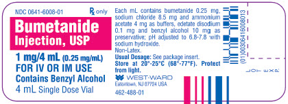Bumetanide Injection, USP 1 mg/4 mL (0.25 mg/mL) 4 mL Single Dose Vial