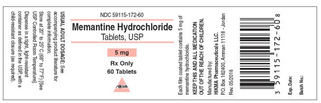 NDC: <a href=/NDC/59115-172-60>59115-172-60</a>
Memantine Hydrochloride
Tablets, USP
5 mg
Rx Only
60 Tablets
