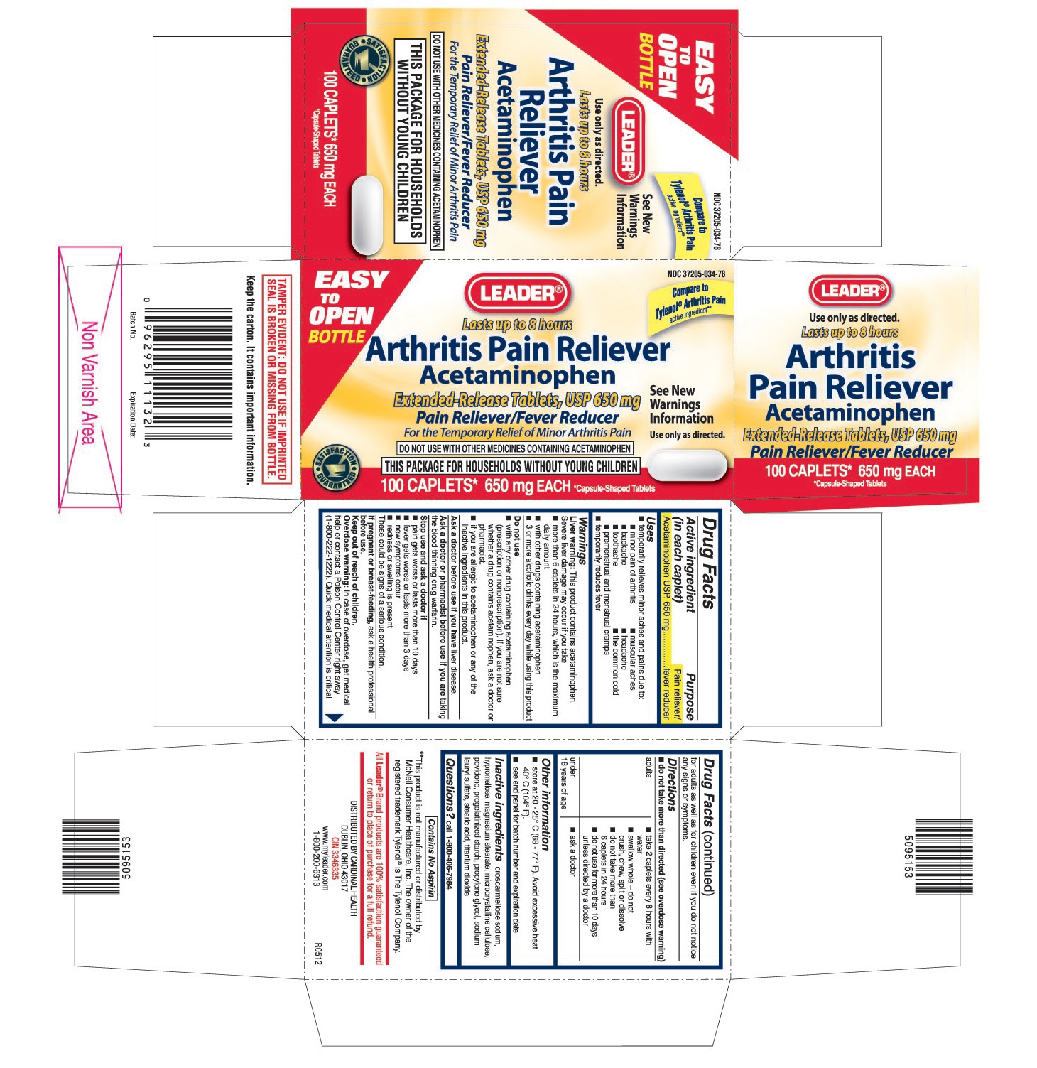 This is the 100 count bottle carton label for Leader Acetaminophen (Arthritis Pain Reliever) extended-release tablets, USP 650 mg.