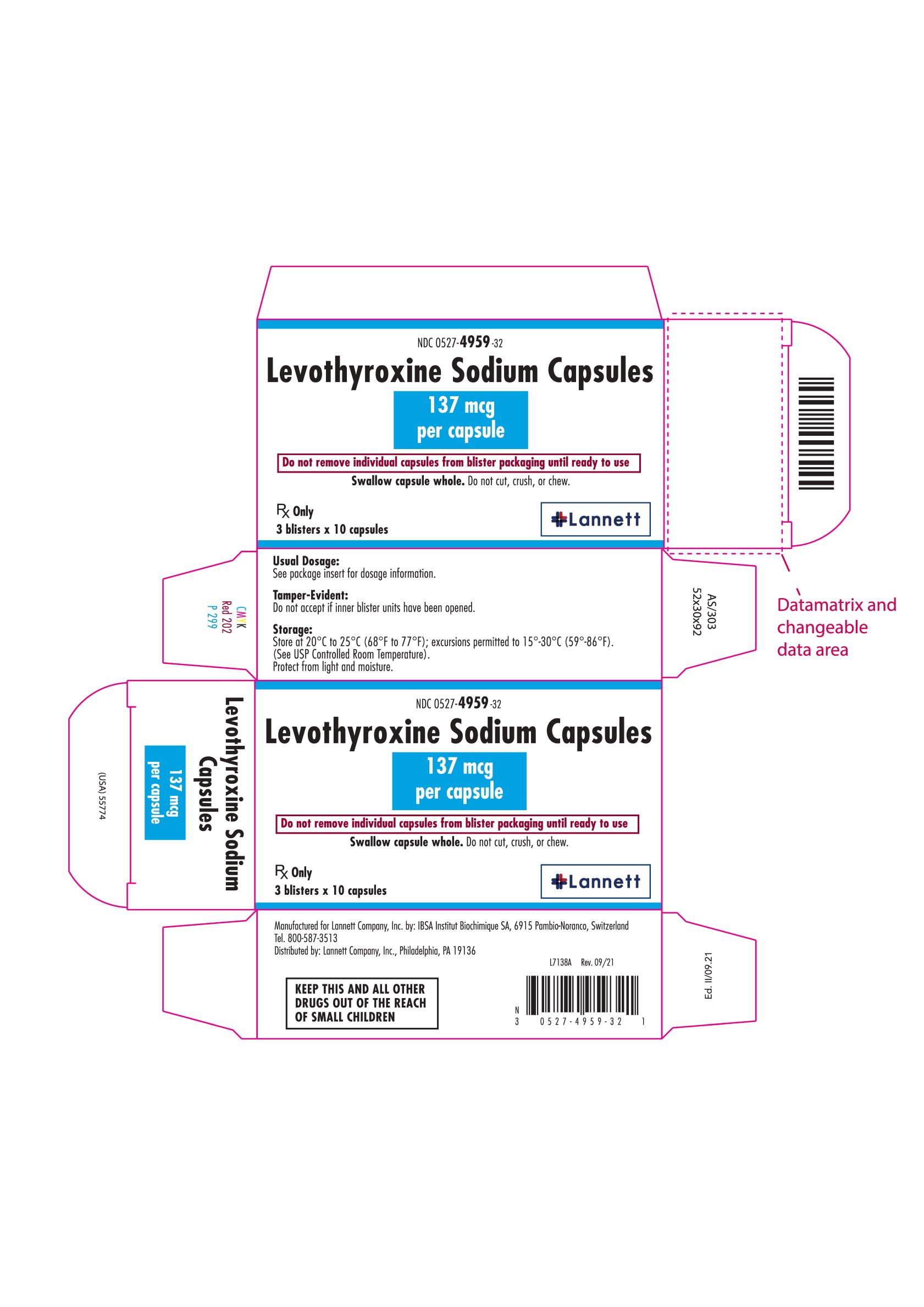 LEVOTHYROXINE SODIUM Capsule   AS Levothyroxine Sodium Capsules 137 Mcg 30 Caps Carton   557742 T 