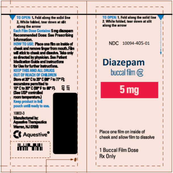 PRINCIPAL DISPLAY PANEL
NDC: <a href=/NDC/10094-405-01>10094-405-01</a>
Diazepam
buccal film
5 mg
1 Buccal Film Dose
Rx Only
