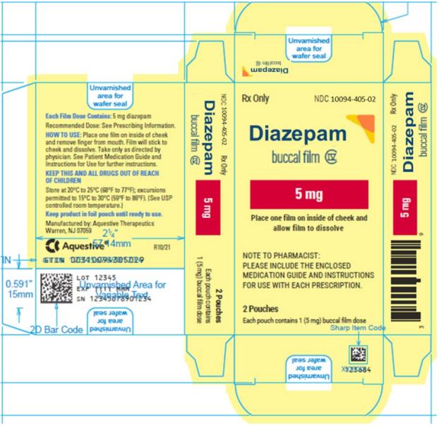 PRINCIPAL DISPLAY PANEL
Rx Only
NDC: <a href=/NDC/10094-405-02>10094-405-02</a>
Diazepam
buccal film
5 mg
2 Pouches
Each pouch contains 1 (5 mg) buccal film dose
