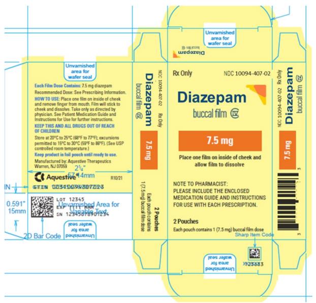 PRINCIPAL DISPLAY PANEL
Rx Only
NDC: <a href=/NDC/10094-407-02>10094-407-02</a>
Diazepam
buccal film
7.5 mg
2 Pouches
Each pouch contains 1 (7.5 mg) buccal film dose
