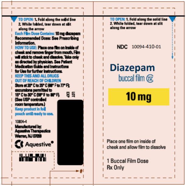 PRINCIPAL DISPLAY PANEL
NDC: <a href=/NDC/10094-410-01>10094-410-01</a>
Diazepam
buccal film
10 mg
1 Buccal Film Dose
Rx Only
