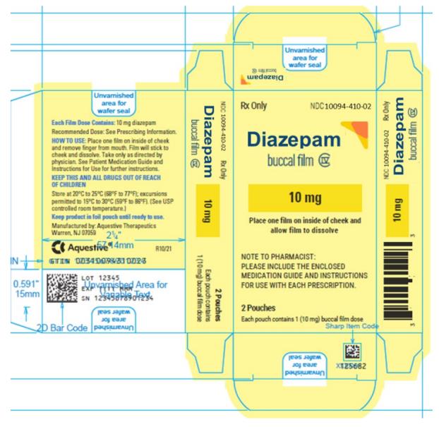 PRINCIPAL DISPLAY PANEL
Rx Only
NDC: <a href=/NDC/10094-410-02>10094-410-02</a>
Diazepam
buccal film
10 mg
2 Pouches
Each pouch contains 1 (10 mg) buccal film dose
