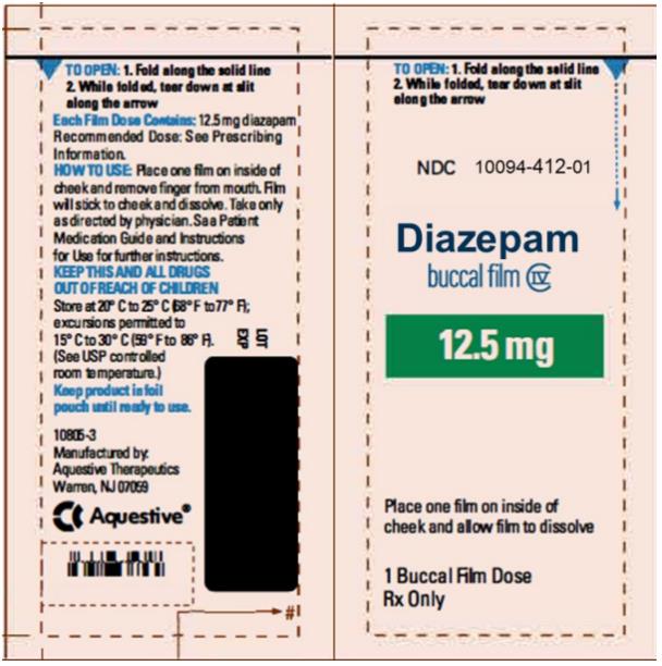 PRINCIPAL DISPLAY PANEL
NDC: <a href=/NDC/10094-412-01>10094-412-01</a>
Diazepam
buccal film
12.5 mg
1 Buccal Film Dose
Rx Only
