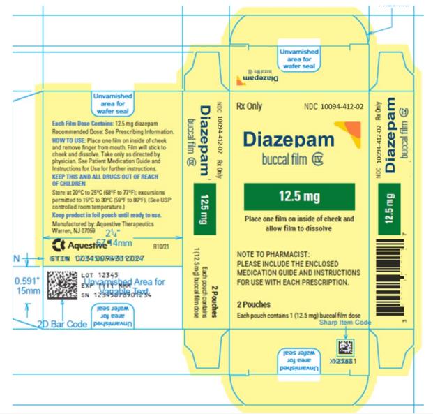 PRINCIPAL DISPLAY PANEL
Rx Only
NDC: <a href=/NDC/10094-412-02>10094-412-02</a>
Diazepam
buccal film
12.5 mg
2 Pouches
Each pouch contains 1 (12.5 mg) buccal film dose
