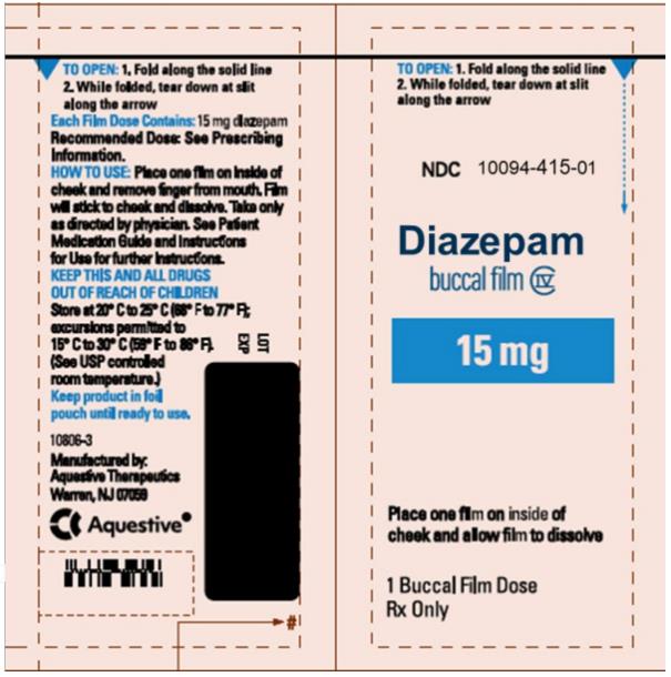 PRINCIPAL DISPLAY PANEL
NDC: <a href=/NDC/10094-415-01>10094-415-01</a>
Diazepam
buccal film
15 mg
1 Buccal Film Dose
Rx Only
