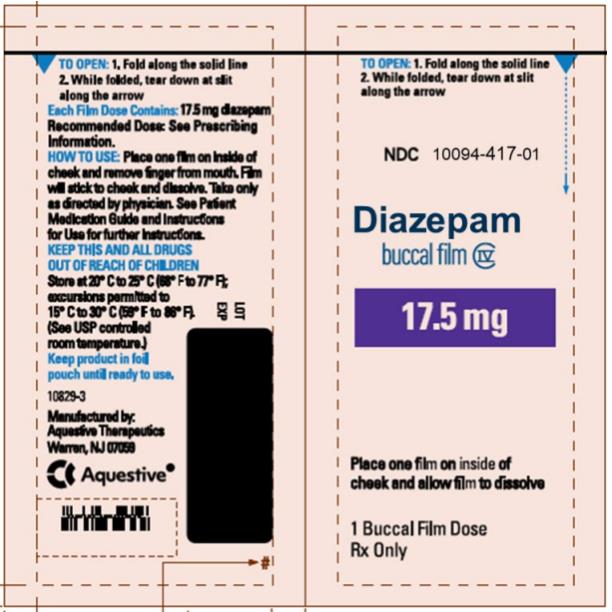 PRINCIPAL DISPLAY PANEL
NDC: <a href=/NDC/10094-417-01>10094-417-01</a>
Diazepam
buccal film
17.5 mg
1 Buccal Film Dose
Rx Only
