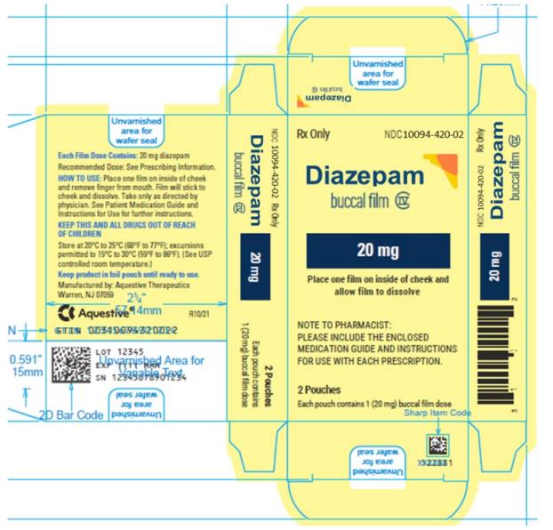 PRINCIPAL DISPLAY PANEL
Rx Only
NDC: <a href=/NDC/10094-420-02>10094-420-02</a>
Diazepam
buccal film
20 mg
2 Pouches
Each pouch contains 1 (20 mg) buccal film dose
