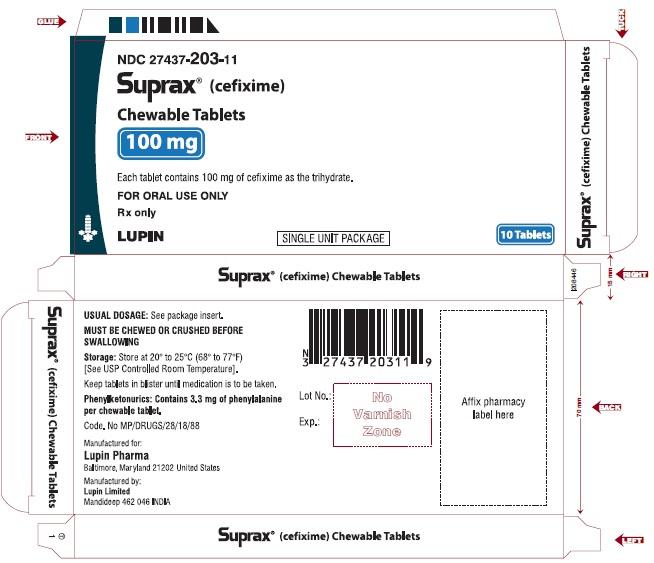 SUPRAX (CEFIXIME) CHEWABLE TABLETS
Rx Only
100 mg
NDC: <a href=/NDC/27437-203-11>27437-203-11</a>
CARTON LABEL
							10 TABLETS SINGLE UNIT PACKAGE