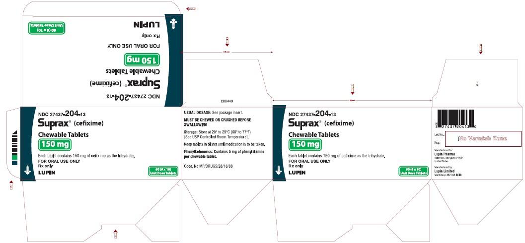 SUPRAX (CEFIXIME) CHEWABLE TABLETS
Rx Only
150 mg
NDC: <a href=/NDC/27437-204-13>27437-204-13</a>
CARTON LABEL
							6 x 10 TABLETS UNIT DOSE