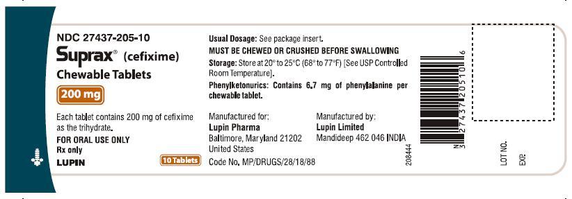 SUPRAX (CEFIXIME) CHEWABLE TABLETS
Rx Only
200 mg
NDC: <a href=/NDC/27437-205-10>27437-205-10</a>
BOTTLE LABEL
							10 TABLETS