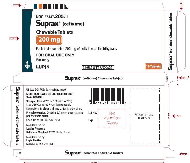 SUPRAX (CEFIXIME) CHEWABLE TABLETS
Rx Only
200 mg
NDC: <a href=/NDC/27437-205-11>27437-205-11</a>
CARTON LABEL
							10 TABLETS SINGLE UNIT PACKAGE