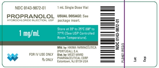 NDC: <a href=/NDC/0143-9872-01>0143-9872-01</a> PROPRANOLOL HYDROCHLORIDE INJECTION, USP 1 mg/mL FOR IV USE ONLY Rx ONLY 1 mL Single Dose Vial USUAL DOSAGE: See package insert. Store at 20º to 25ºC (68º to 77ºF) [See USP Contro